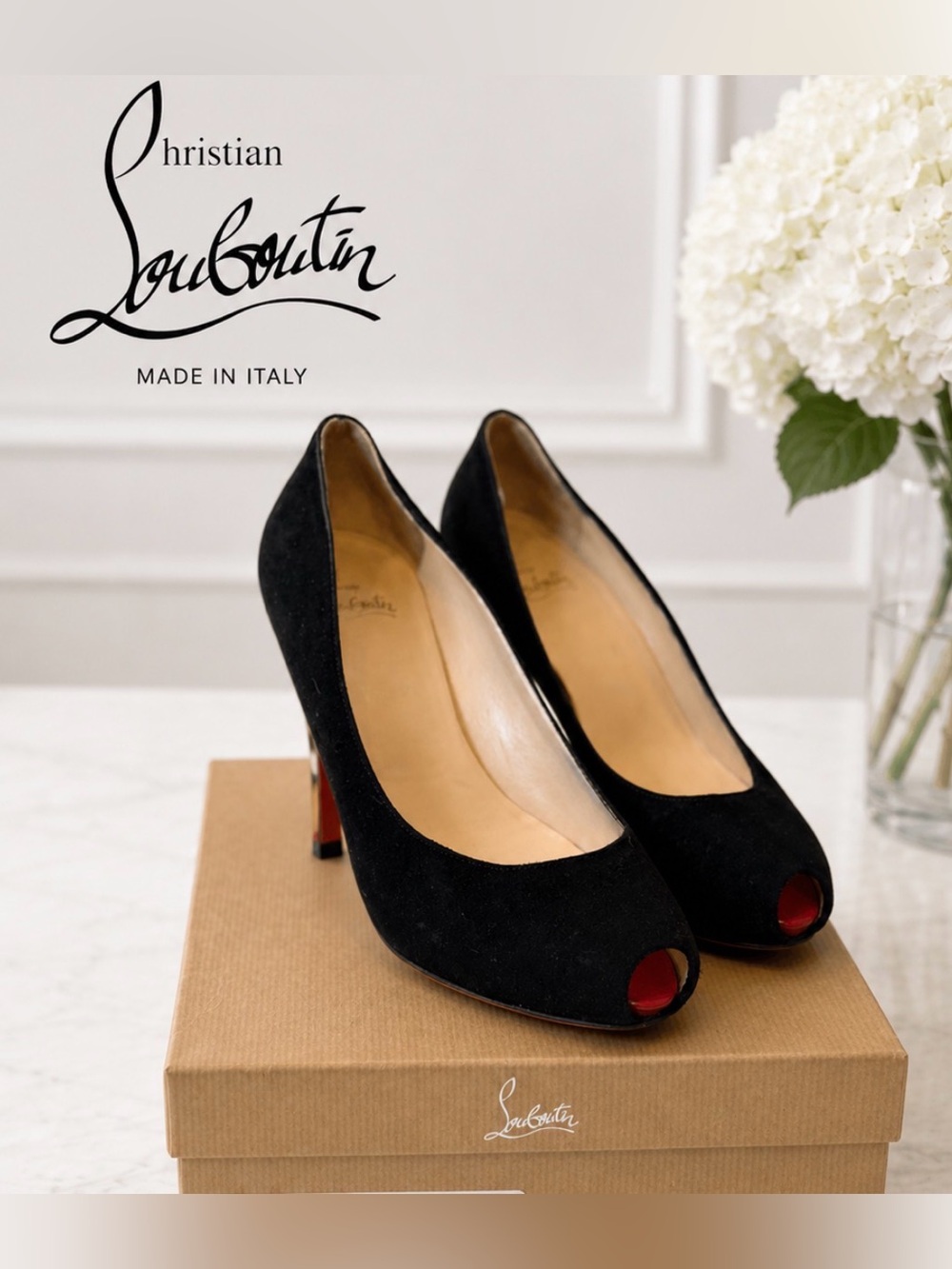 Christian Louboutin Black Suede Peep-Toe Pumps – Size 39.5/9.5